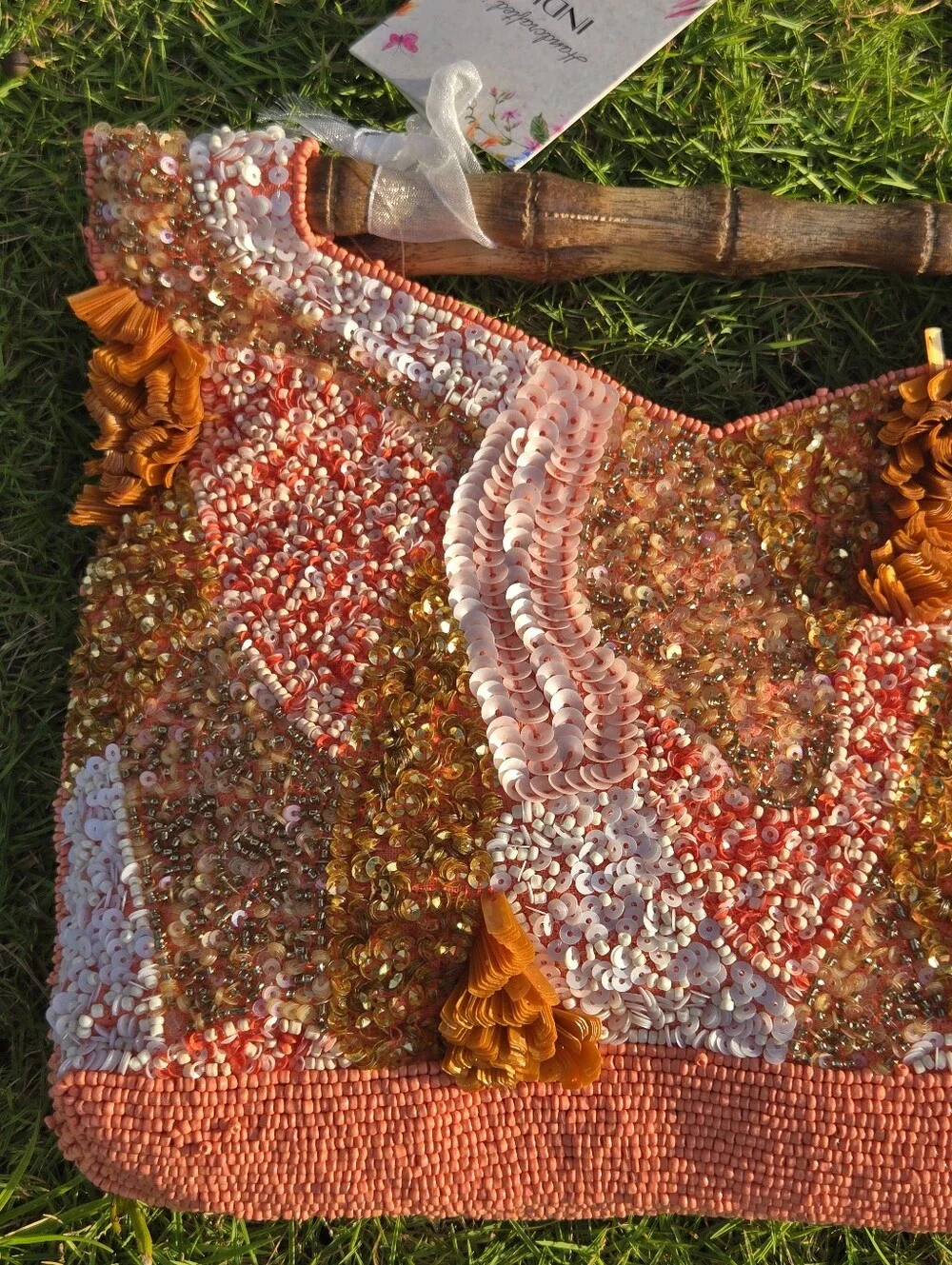 🧡 Viral Handmade Beaded Boho Clutch- Coral Pink & Bronze with Bamboo Handle